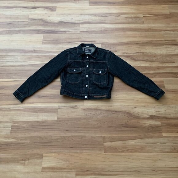 Guess USA Jeans Denim Trucker Jacket Retro 90s Black Women’s XL Button - Picture 3 of 14